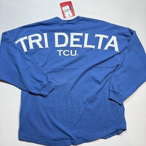 Tri Delta TCU Spirit Jersey Shirt Womens Large Blue Greek Long Sleeve Pullover